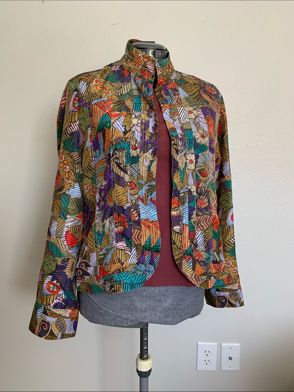 Chicos Size 2 Silk Multicolor Patterned Women's Jacket L/XL